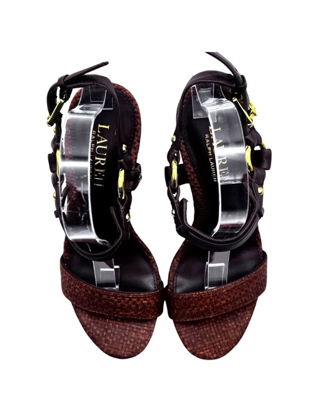 Lauren Ralph Lauren Faustine Raffia Straw & Leather Heel Sandals Womens 6B Brown - Picture 13 of 14